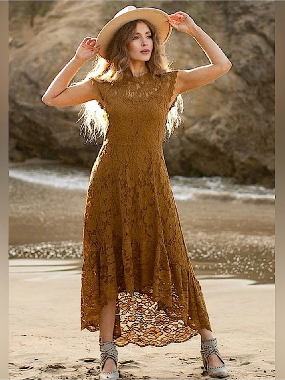 Esperanza High-Low Lace Dress In Bistre Gold - Picture 3 of 6